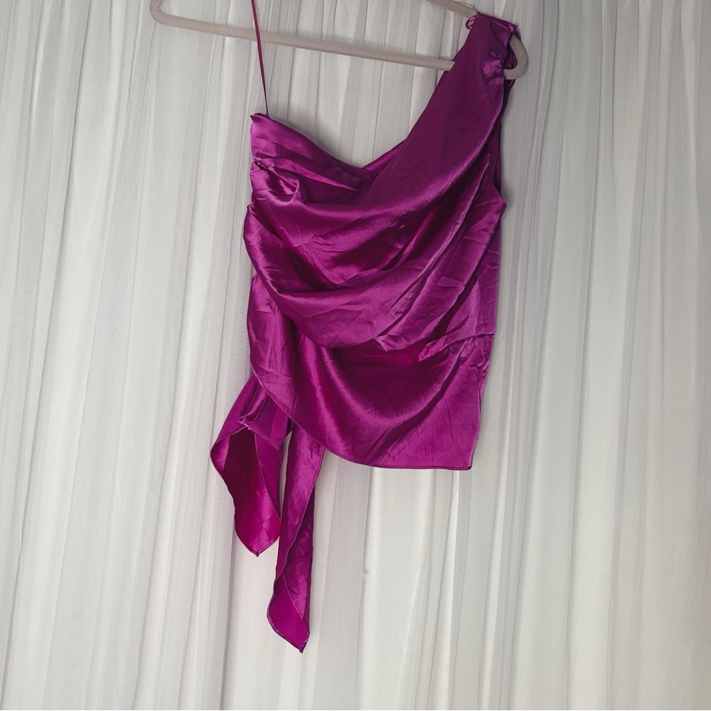 Glam Fuchsia Satin One Shoulder Top - Picture 2 of 4